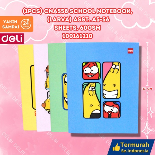 [100161210] (1PCS) CNA558 School Notebook, (Larva) Asst. A5-56sheets, 60gsm DELI LARVA BUKU TULIS 58 LEMBAR BX200 BX10