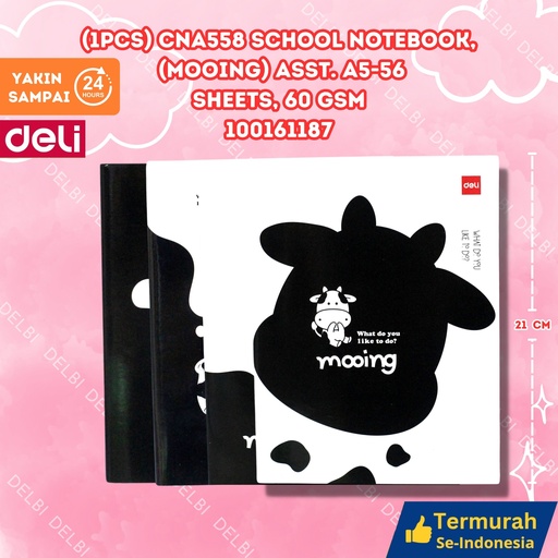 [100161187] (1PCS) CNA558 School Notebook, (Mooing) Asst. A5-56sheets, 60gsm DELI BUKU TULIS 58 LEMBAR MOOING BX200 BX10