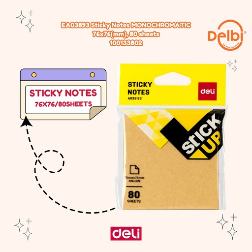 [100133802] EA03893 Sticky Notes MONOCHROMATIC 76x76(mm), 80 sheets DELI KERTAS CATATAN BX12