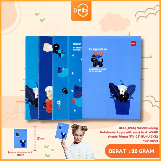 [100160901] DELI (1PCS) NA540 Sewing Notebook(Happy with you) Asst. A5-40 sheets,70gsm (FX-03) BUKU BX12