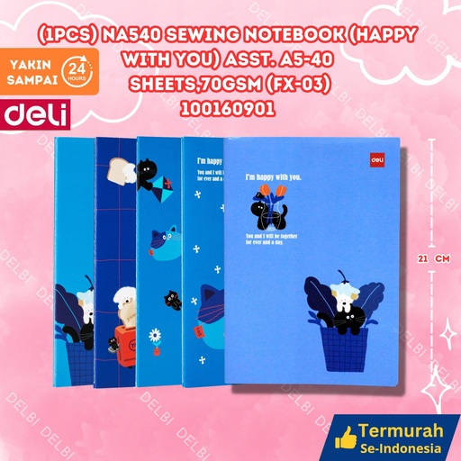 [100160901] DELI (1PCS) NA540 Sewing Notebook(Happy with you) Asst. A5-40 sheets,70gsm (FX-03) BUKU BX12