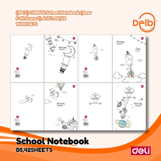 [140003670] (1PCS) CNB542 School Notebook (Bear Full Score 2) ASST. B5,42 DELI BUKU TULIS 42 LEMBAR BEAR 2 BX200 BX10
