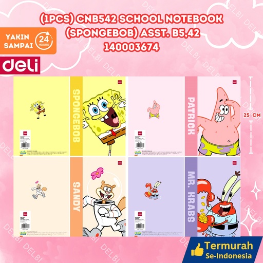 [140003674] (1PCS) CNB542 School Notebook (Spongebob) ASST. B5,42 DELI BUKU TULIS SPONGEBOB 42 LEMBAR BX200 BX10
