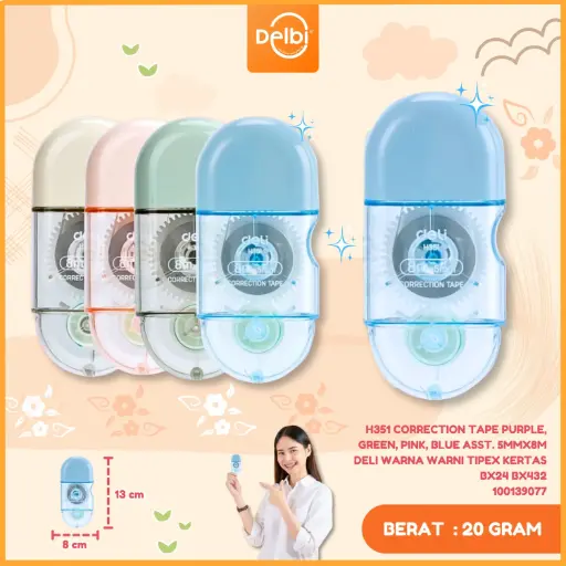 [100139077] H351 Correction Tape Purple, green, pink, blue asst. 5mmx8m DELI WARNA WARNI TIPEX KERTAS BX24 BX432