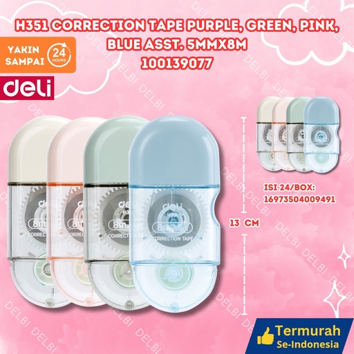 [100139077] H351 Correction Tape Purple, green, pink, blue asst. 5mmx8m DELI WARNA WARNI TIPEX KERTAS BX24 BX432