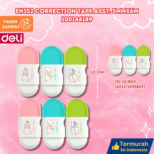 [100144189] EH352 Correction Tape ASST. 5mmx6m DELI TIPEX KERTAS BX24