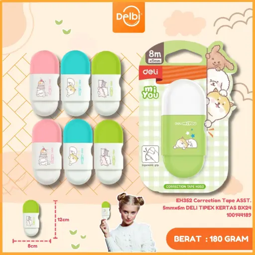 [100144189] EH352 Correction Tape ASST. 5mmx6m DELI TIPEX KERTAS BX24