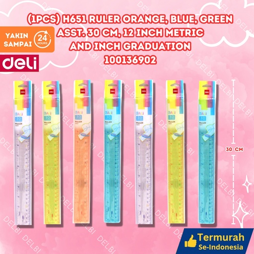 [100136902] (1PCS) H651 Ruler Orange, blue, green asst. 30 cm, 12 inch Metric and graduation WARNA WARNI PENGGARIS ROLLER DELI ALAT UKUR BX24