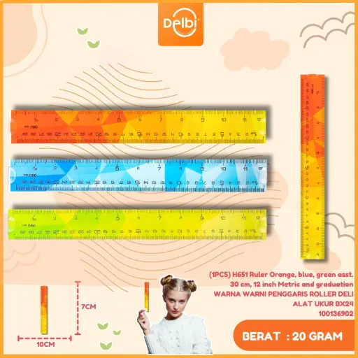 [100136902] (1PCS) H651 Ruler Orange, blue, green asst. 30 cm, 12 inch Metric and graduation WARNA WARNI PENGGARIS ROLLER DELI ALAT UKUR BX24
