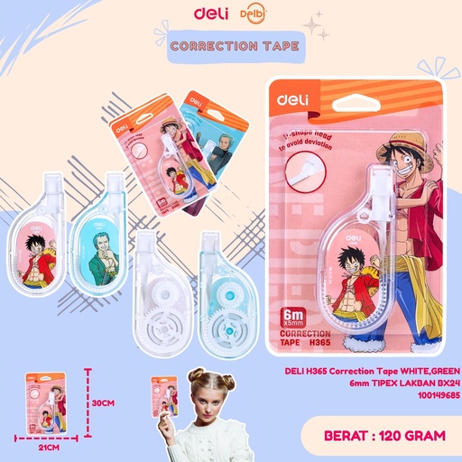 [100149685] DELI H365 Correction Tape WHITE,GREEN 6mm TIPEX LAKBAN BX24
