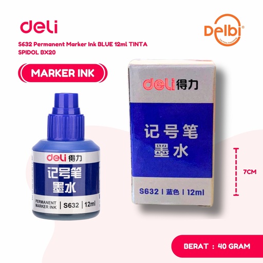 [100003695] DELI S632 Permanent Marker Ink BLUE 12ml TINTA SPIDOL BX20