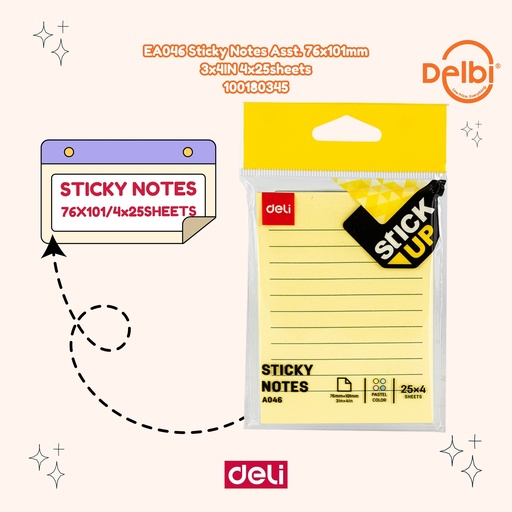 [100180345] DELI EA046 Sticky Notes Asst. 76x101mm 3x4IN 4x25sheets BX12