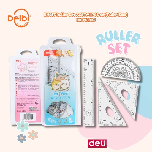 [100143936] DELI EH657 Ruler Set ASST. 4 PCS set(Ruler15cm) PENGGARIS BX24 BX288