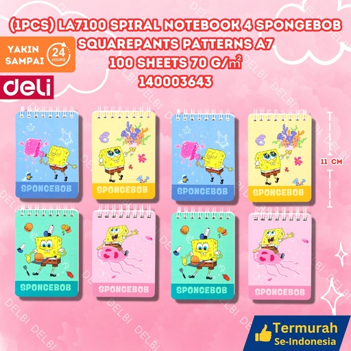 [140003643] (1pcs) LA7100 Spiral Notebook 4 Spongebob Squarepants patterns A7 100 sheets 70 gm DELI KECIL BUKU BX192 BX16