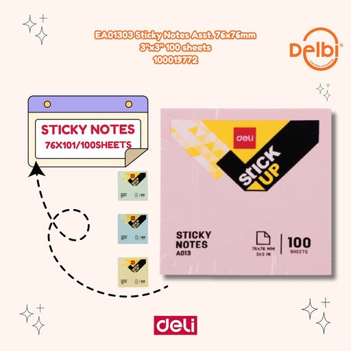 [100019772] EA01303 Sticky Notes Asst. 76x76mm 3''x3'' 100 sheets DELI STIKER KERTAS CATATAN BX12