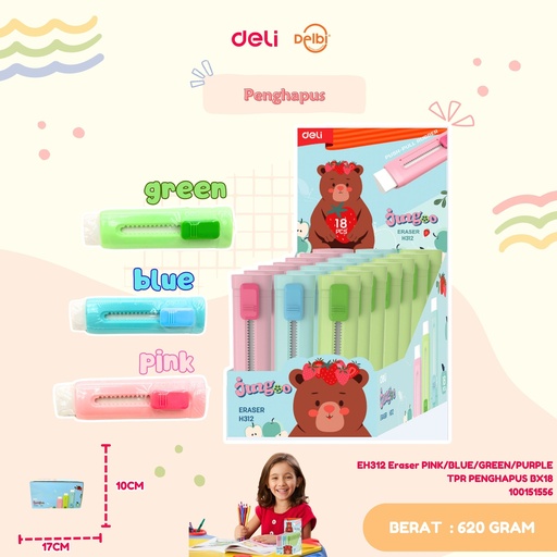 [100151556] DELI EH312 Eraser PINK/BLUE/GREEN/PURPLE TPR PENGHAPUS BX18