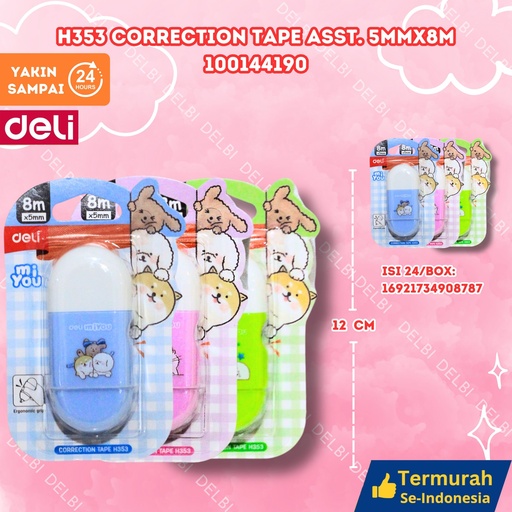 [100144190] H353 Correction Tape ASST. 5mmx8m DELI TIPEX KERTAS BX24