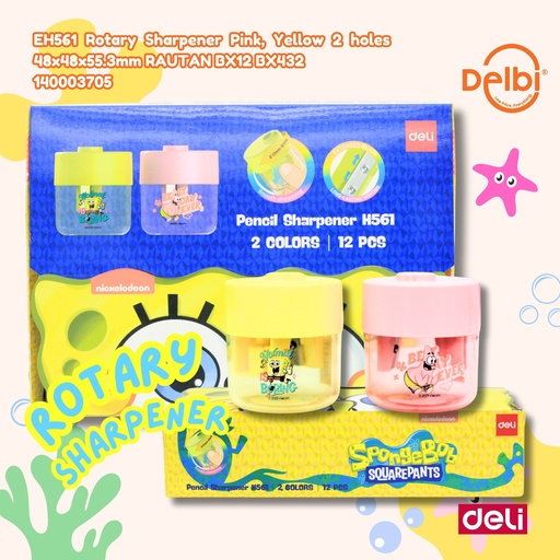 [140003705] DELI EH561 Rotary Sharpener Pink, Yellow 2 holes 48x48x55.3mm RAUTAN BX12 BX432