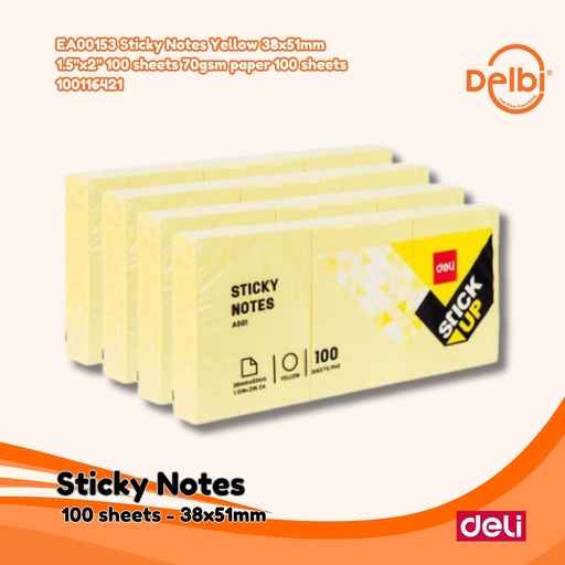 [100116421] DELI EA00153 Sticky Notes Yellow 38x51mm 1.5''x2'' 100 sheets 70gsm paper BX4