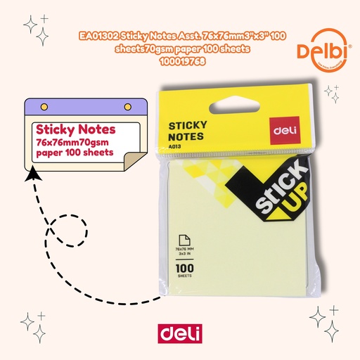 [100019768] DELI EA01302 Sticky Notes Asst. 76x76mm 3''x3'' 100 sheets 70gsm paper sheets BX12