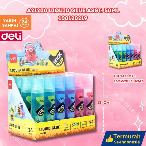 [100120219] A21200 Liquid Glue Asst. 50ml DELI LEM CAIR BOTOL BX384 BX24