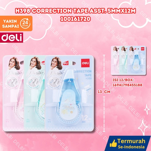 [100161720] H398 Correction Tape ASST. 5mmx12m DELI TIPEX KERTAS BX12