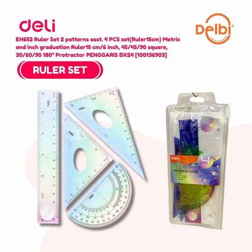 [100136903] DELI EH652 Ruler Set 2 patterns asst. 4 PCS set(Ruler15cm) Metric and inch graduation Ruler15 cm/6 inch, 45/45/90 square, 30/60/90 180° Protractor PENGGARIS BX24