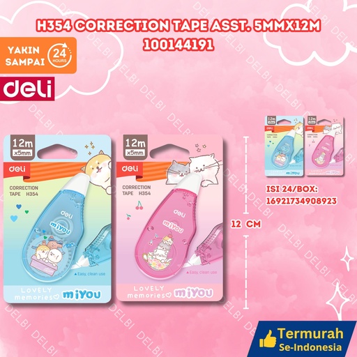 [100144191] H354 Correction Tape ASST. 5mmx12m DELI TIPEX KERTAS BX24