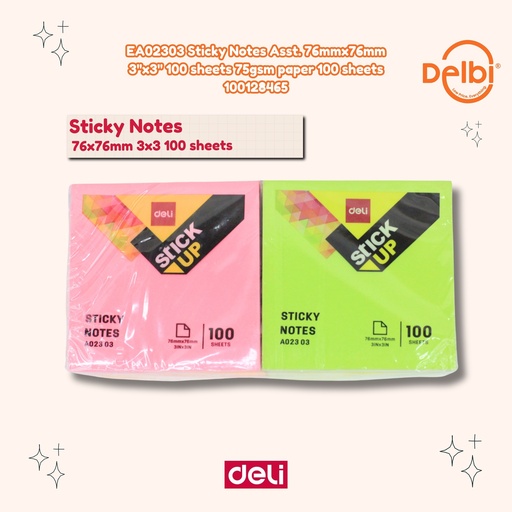 [100128465] DELI EA02303 Sticky Notes Asst. 76mmx76mm 3''x3'' 100 sheets 75gsm paper BX12
