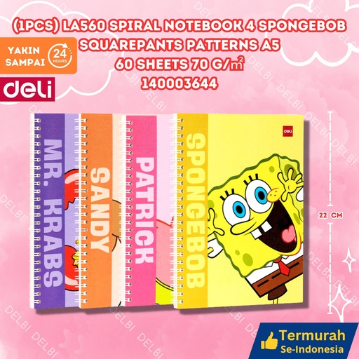 [140003644] (1pcs) LA560 Spiral Notebook 4 Spongebob Squarepants patterns A5 60 sheets 70 gm DELI BINDER BUKU TULIS BX4 BX384