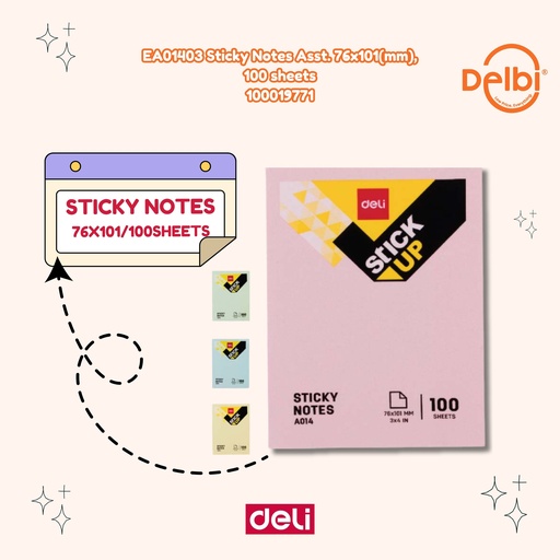 [100019771] EA01403 Sticky Notes Asst. 76x101(mm), 100 sheets DELI STIKER KERTAS CATATAN BX12