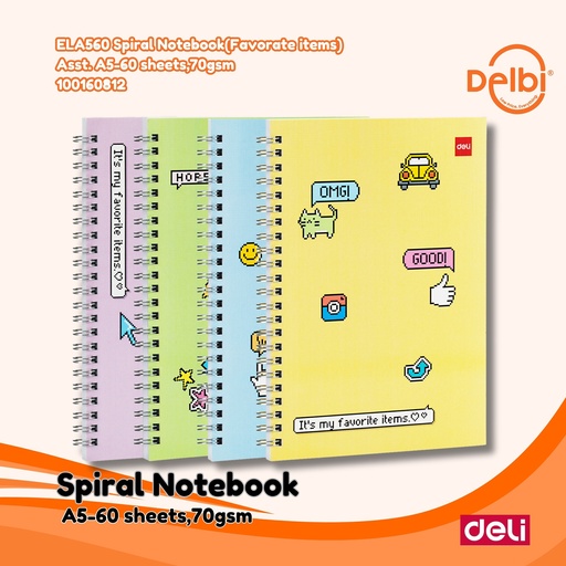 [100160812] DELI ELA560 Spiral Notebook(Favorate items) Asst. A5-60 sheets,70gsm BUKU BX4