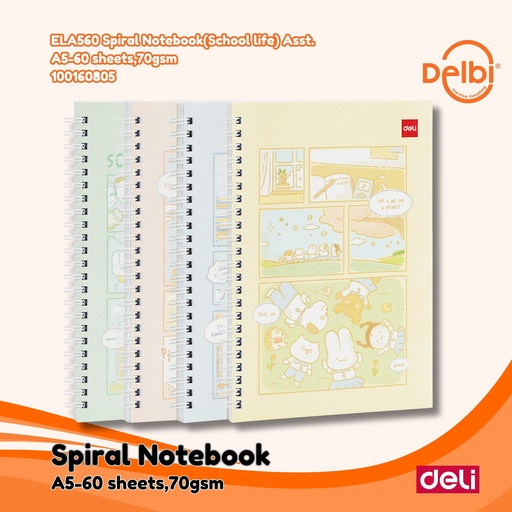 [100160805] DELI ELA560 Spiral Notebook(School life) Asst. A5-60 sheets,70gsm BUKU BX4 BX144