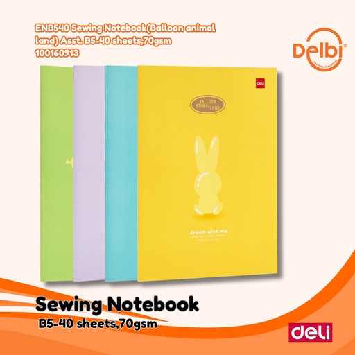 [100160913] DELI ENB540 Sewing Notebook(Balloon animal land) Asst. B5-40 sheets,70gsm BUKU BX12