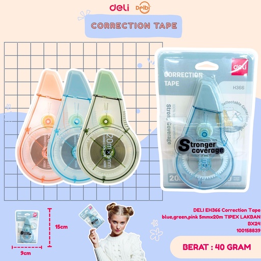 [100158839] DELI EH366 CORRECTION TAPE blue,green,pink 5mmx20m TIPEX LAKBAN BX24