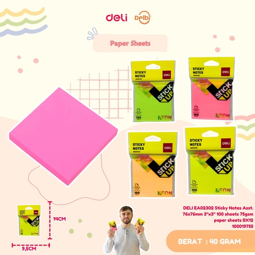 [100019755] DELI EA02302 Sticky Notes Asst. 76x76mm 3''x3'' 100 sheets
75gsm paper
 sheets BX12