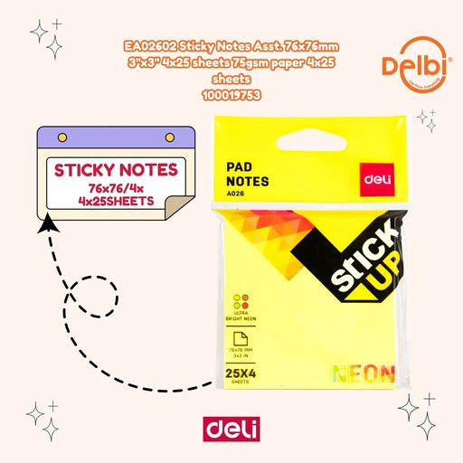 [100019753] EA02602 Sticky Notes Asst. 76x76mm 3''x3'' 4x25 sheets 75gsm paper DELI STIKER KERTAS CATATAN BX12