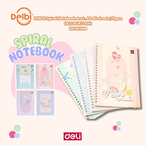 [100161248] EN032 Spiral Notebook Asst. A5-60 sheets,70gsm DELI BUKU BX4