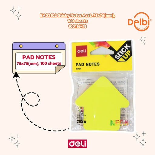 [100116418] EA03102 Sticky Notes Asst. 76x76(mm), 100 sheets DELI STIKER KERTAS CATATAN BX12