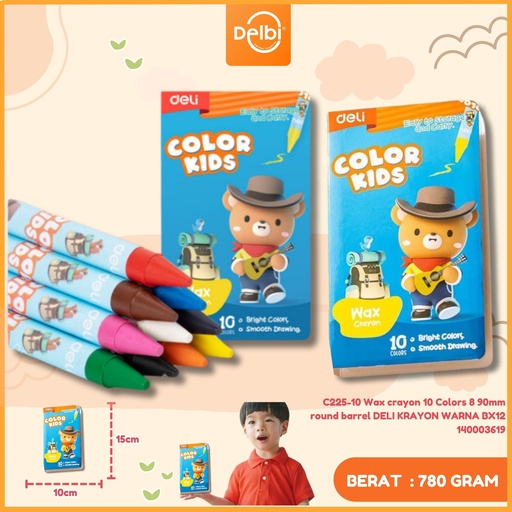 [140003619] C225-10 Wax crayon 10 Colors 8 90mm round barrel DELI KRAYON WARNA BX12