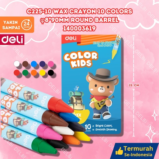 [140003619] C225-10 Wax crayon 10 Colors 8 90mm round barrel DELI KRAYON WARNA BX12