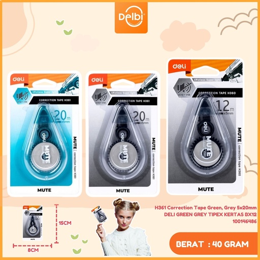 [100146486] H361 Correction Tape Green, Gray 5x20mm DELI GREEN GREY TIPEX KERTAS BX12