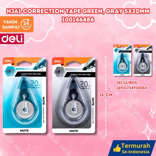 [100146486] H361 Correction Tape Green, Gray 5x20mm DELI GREEN GREY TIPEX KERTAS BX12