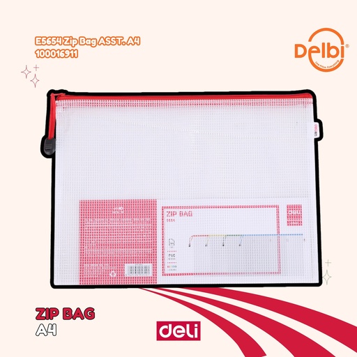 [100016911] DELI E5654 Zip Bag ASST. A4 BX100