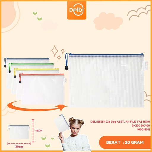 [100016911] DELI E5654 Zip Bag ASST. A4 FILE TAS BX10 BX100 BX400