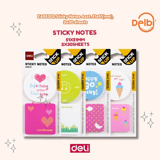 [100120013] DELI EA55302 Sticky Notes Asst. 51x51(mm), 2x30 sheets BX48