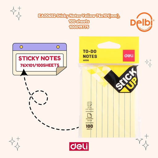 [100019775] EA00652 Sticky Notes Yellow 76x101(mm), 100 sheets DELI STIKER KERTAS CATATAN BX12