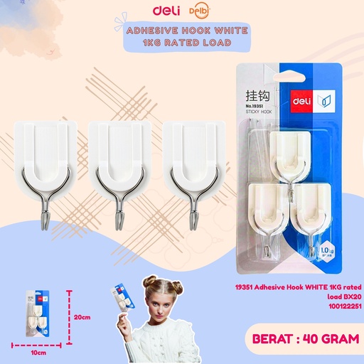 [100122251] 19351 Adhesive Hook WHITE 1KG rated load BX20
