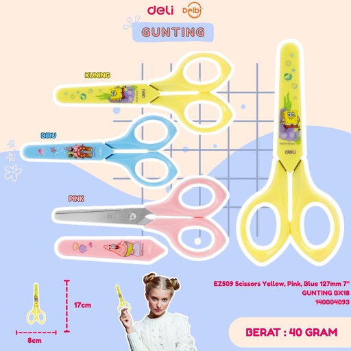 [140004093] EZ509 Scissors Yellow, Pink, Blue 127mm 7" GUNTING BX18