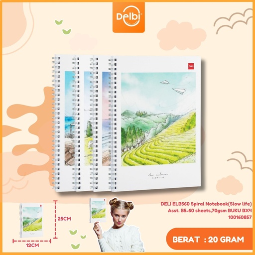 [100160857] DELI ELB560 Spiral Notebook(Slow life) Asst. B5-60 sheets,70gsm BUKU BX4